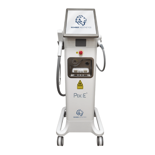 Image of the Rohrer Pix:E medical aesthetics device for Erbium YAG fractional or full ablative resurfacing, RF microneedling, and dermal rejuvenation. The device features a large screen displaying the Rohrer Aesthetics logo, two handles, and is mounted on wheels for mobility.